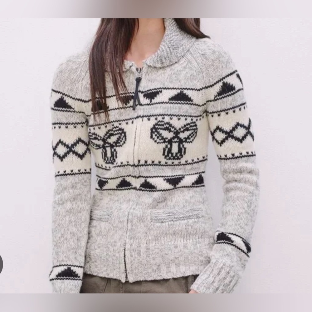 TNA KIDS 100% Lambswool Sea to Sky Brown and Gray Patterned Nordic Zip Sweater